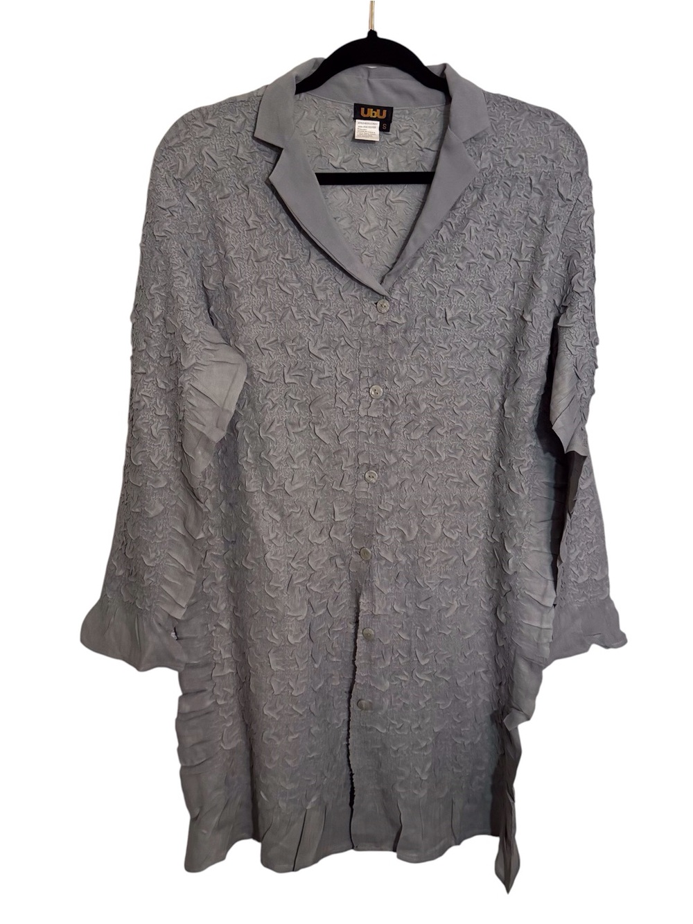 Ubu Small Gray Textured Button Up Tunic Long Sleeve Lagenlook Artsy Top V-Neck